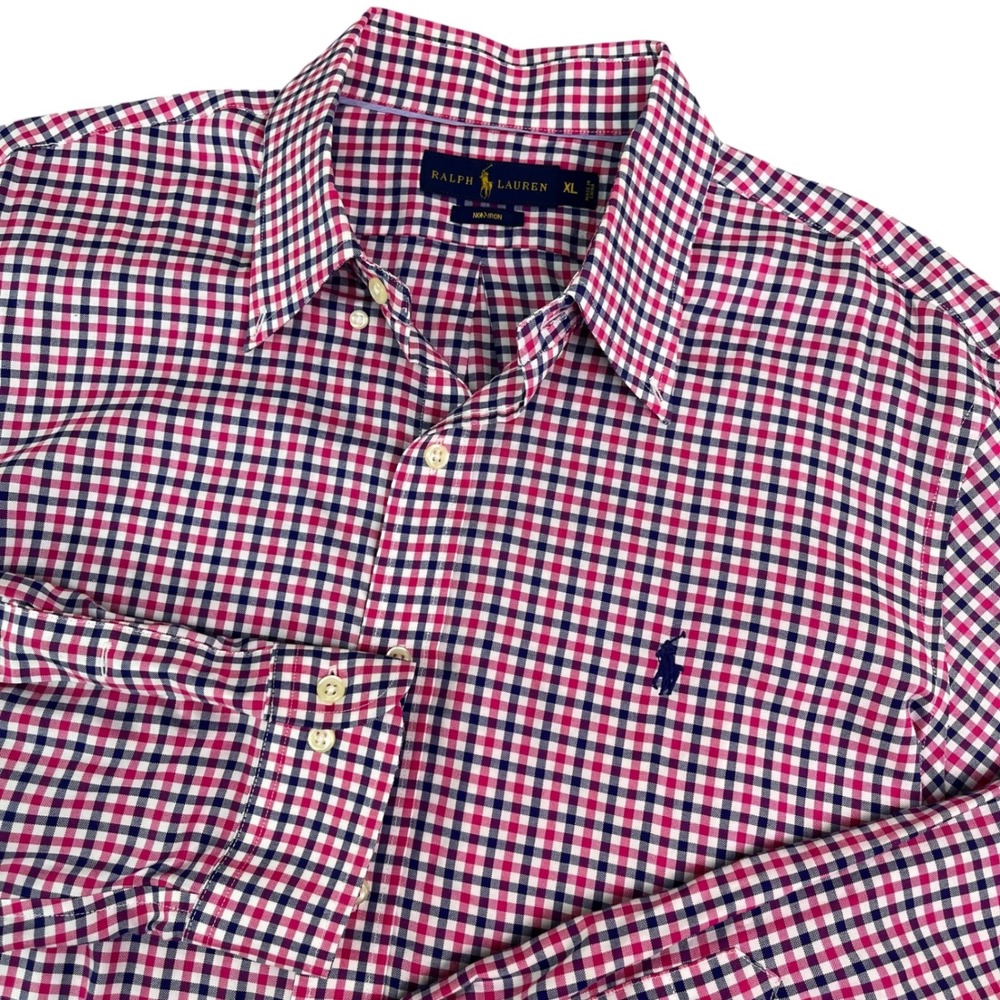 Ralph Lauren Mens XL Pink Navy Blue Gingham Check Non-Iron Cotton Button Shirt